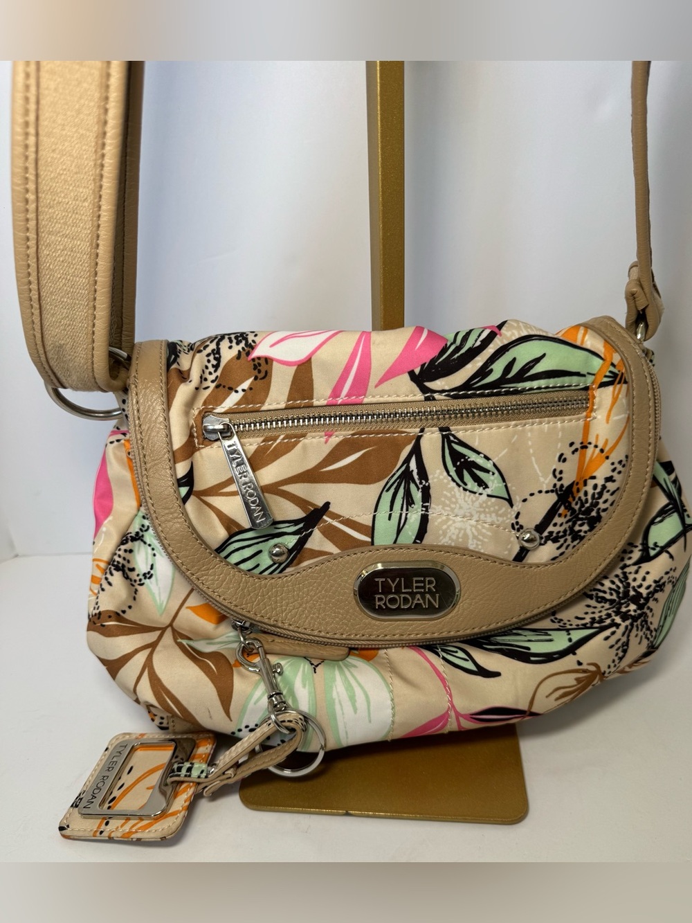Tyler Rodan Floral Multi-Pocket Crossbody Bag Tan Faux Leather Accent